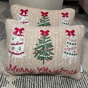 Set of 2 Christmas Tree Embroidered Woven Lumbar Throw Pillows Festive Coastal